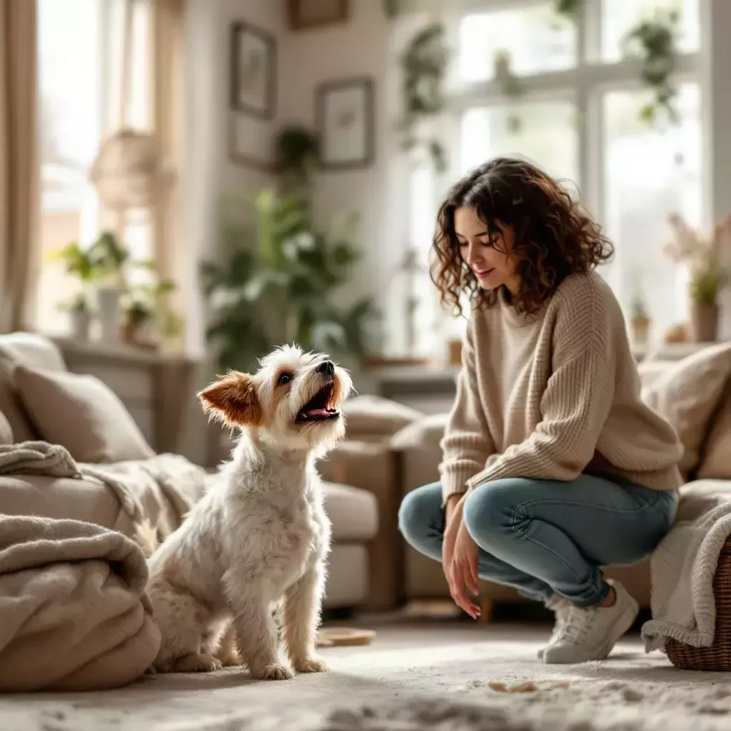 A scruffy white terrier with tan floppy ears and a black nose and eyes stands barking energetically in a cozy living room. His owner, Carrie, a young woman with curly brown hair, wearing a casual sweater and jeans, looks down at him puzzled.