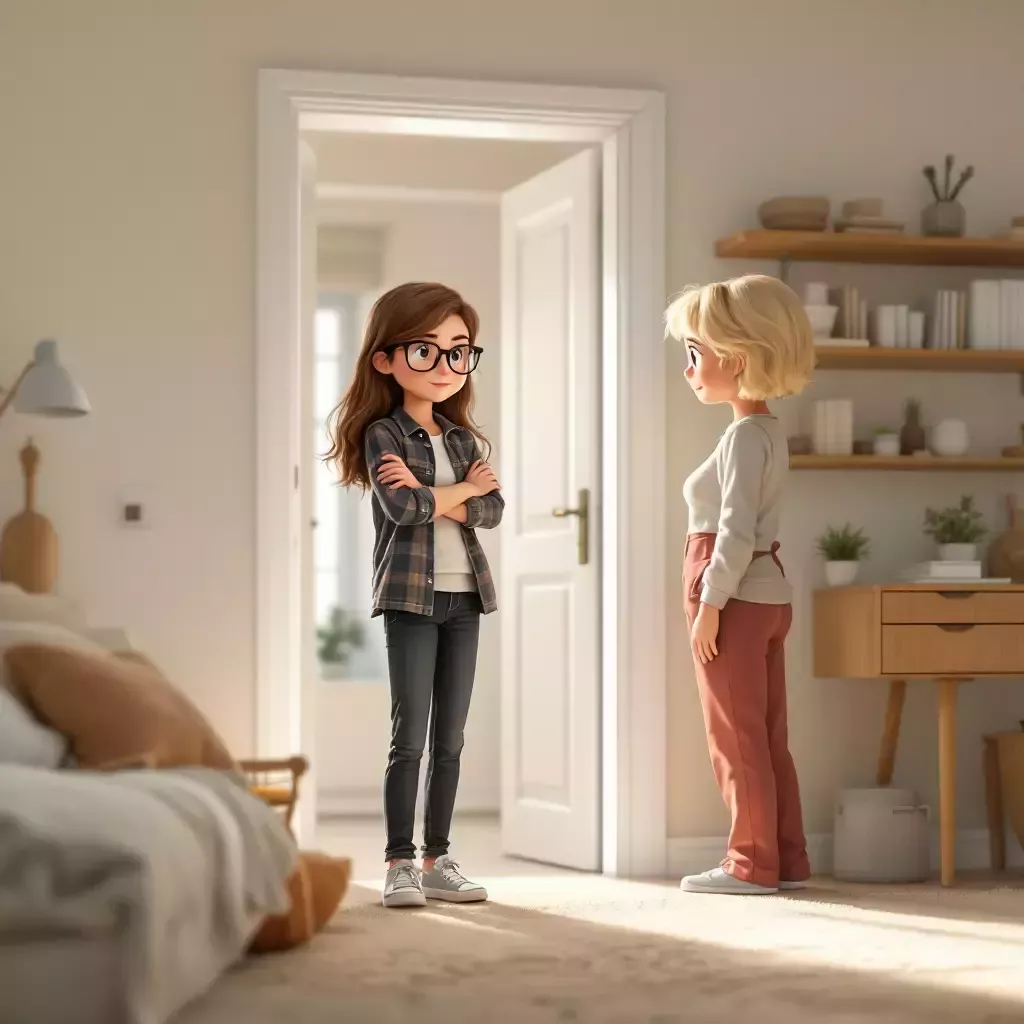 A spotless room with Lena standing in the doorway, looking slightly smug, while Mom inspects it.