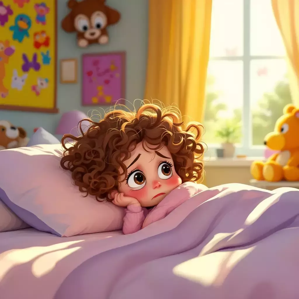 A young girl with curly brown hair and a pale complexion is lying in bed, looking miserable. The room is decorated with colorful posters and stuffed animals. Sunlight peeks through the curtains.