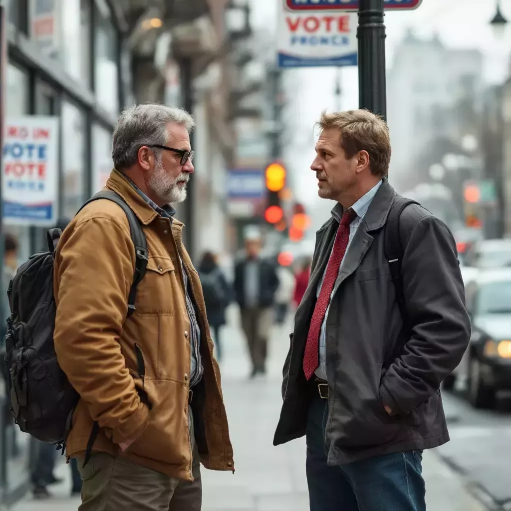 A reporter interviewing an undecided voter on a busy street corner, with campaign posters in the background.