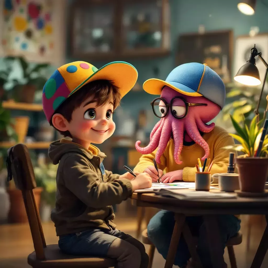 A cheerful little boy wearing a colorful cap approaches mydaddyblog, a quirky cartoonist with glasses, sitting at a drawing table.