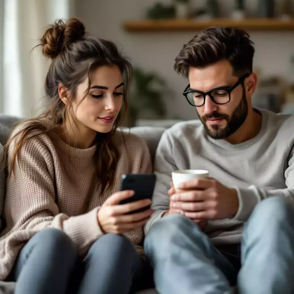Daddy returns with a cup of coffee, sitting next to Mommy on the couch. They both stare at the phone screen with wide eyes.