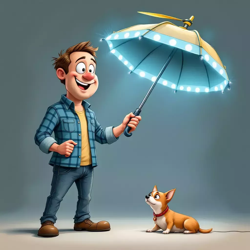 Bob proudly presents an odd-looking umbrella with LED lights lining the edges and a propeller on top. The Chihuahua looks at it with wide eyes while Jerry sits unbothered.
