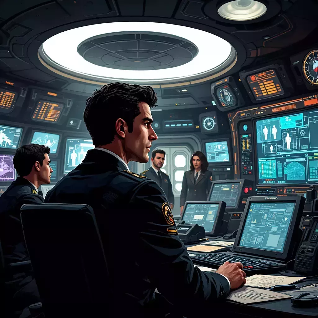 A bustling control room with the Leader addressing his team.