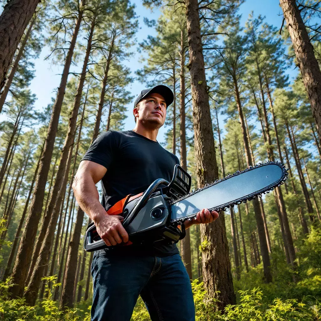 Elon Musk, a tall man with short, dark hair and wearing a black t-shirt and jeans, is standing in a dense forest holding a shiny new chainsaw. The forest is lush with towering trees and a clear blue sky overhead. Elon wears a black baseball cap.