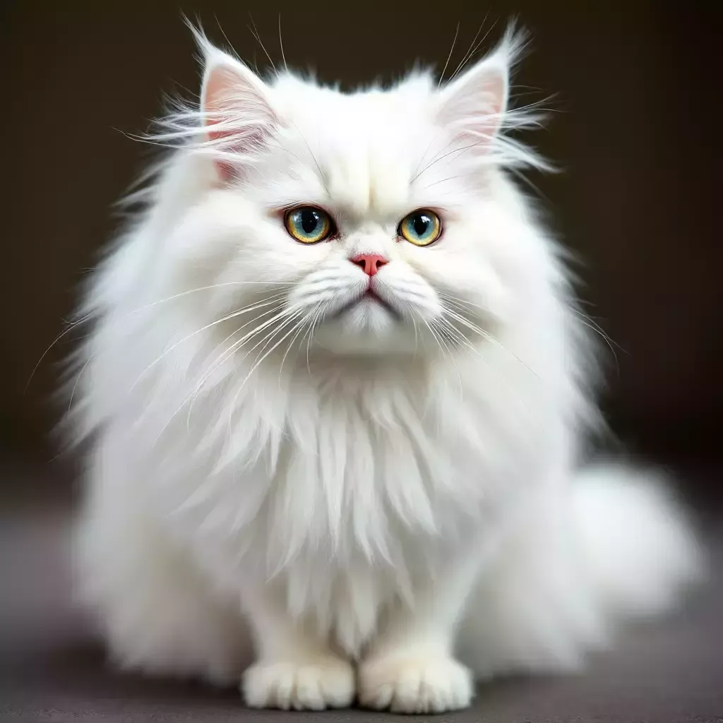A fluffy white Persian cat with a serious expression speaks, tail flicking.