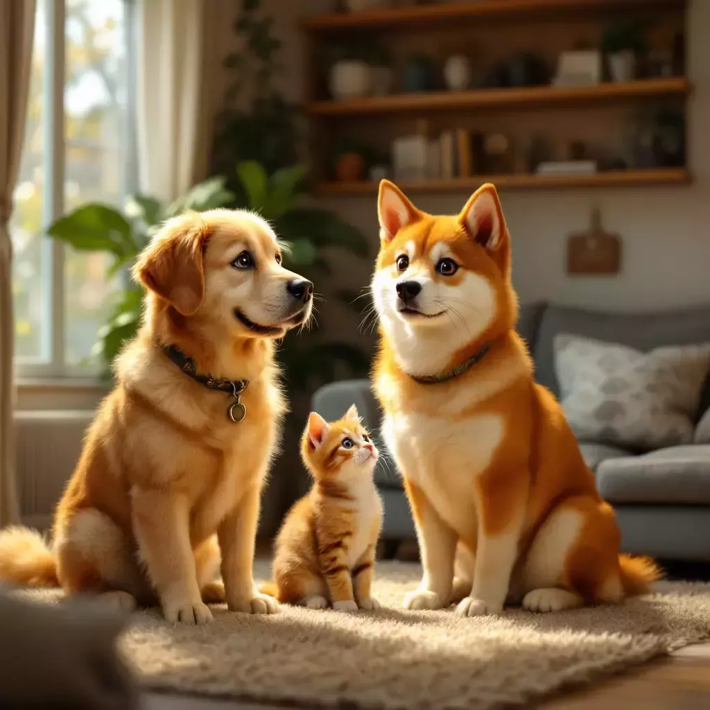 Two dogs, a golden retriever named Sunny and a Shiba Inu named Luna, standing in their cozy living room, looking surprised at a small tabby cat sitting on their couch.