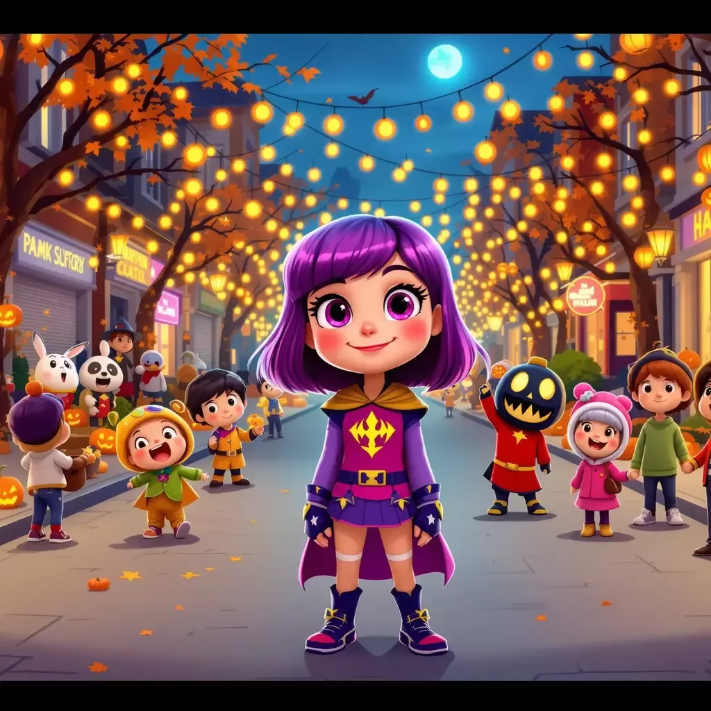 A lively street decorated with Halloween decorations, with kids dressed in various costumes trick-or-treating. Among them, a group of K-Pop Demon Hunters wearing child-friendly, colorful outfits with playful designs. The new member, a young girl with long, vibrant purple hair styled in a cute bob, and a confident smile, stands out.