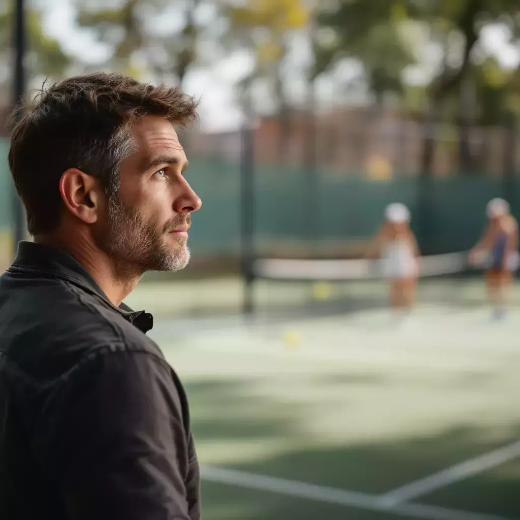 Jared looks contemplative, staring out at the pickleball court where others are playing.