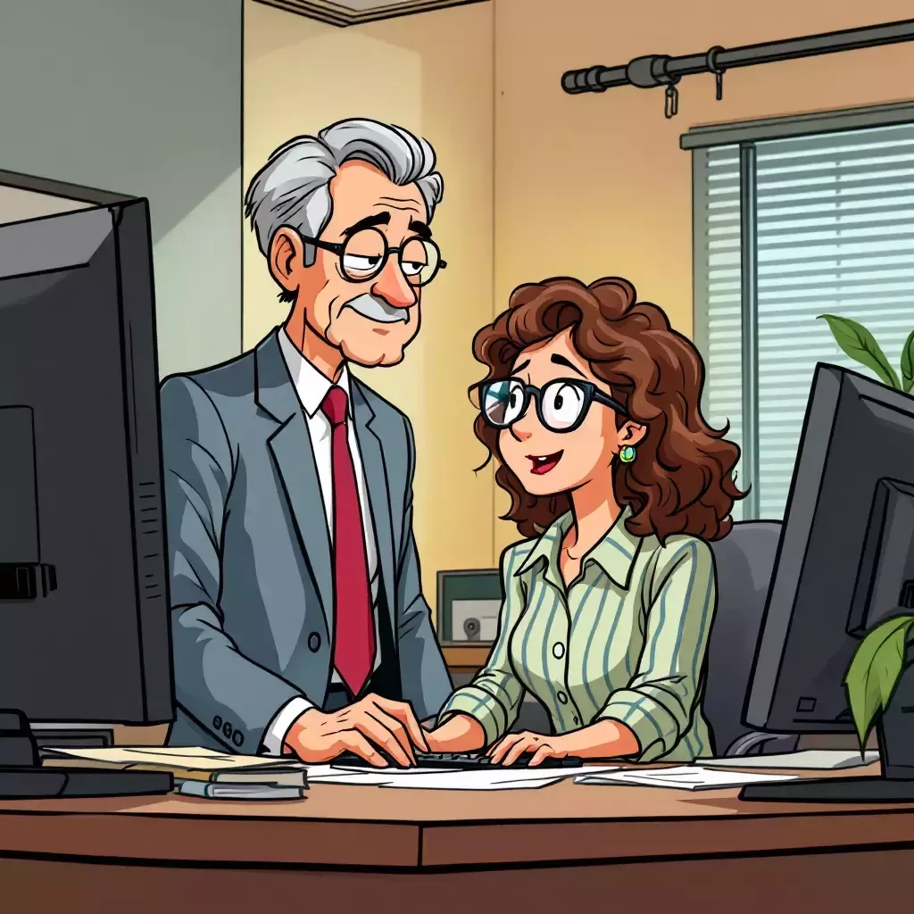 An office setting with the boss, a middle-aged man with gray hair in a neat suit, standing next to the employee's desk. The employee, a young woman with curly brown hair and glasses, is typing frantically on her computer.