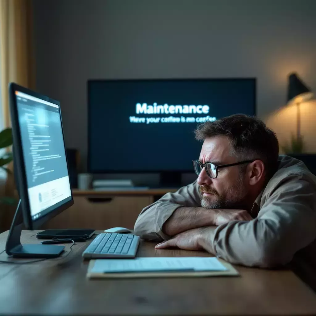 Daddy slumped over the desk, defeated, while the maintenance message is shown on the screen.