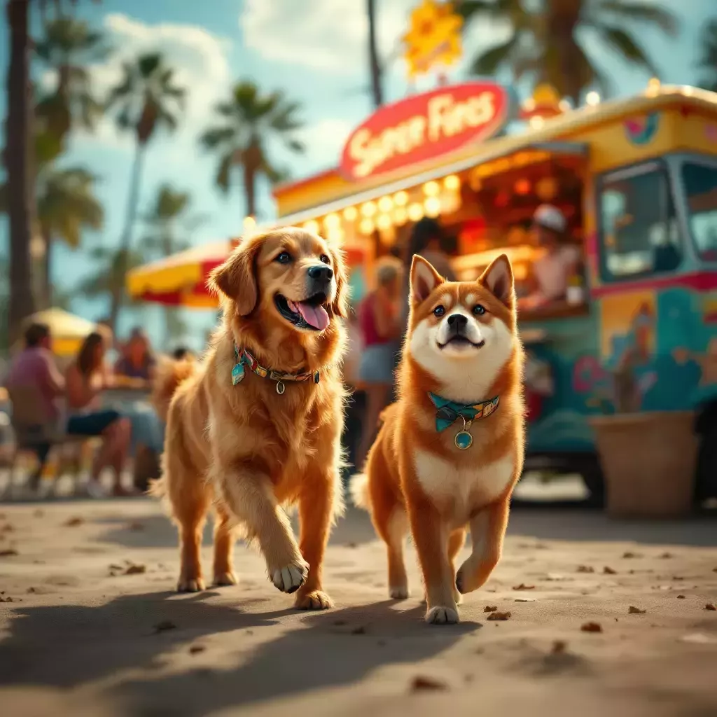 The two dogs approach a colorful food truck with a surfer-themed design, surrounded by people enjoying their meals.