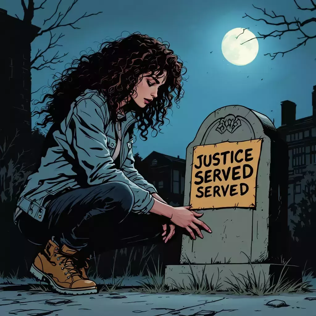 Nikki, alone, quietly placing a small cardboard sign near the landlord's tombstone that reads 'Justice Served'.