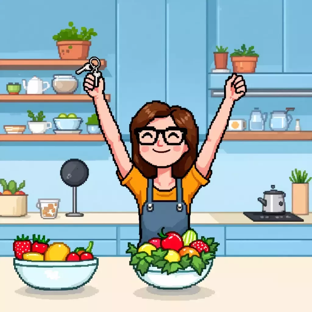 Mommy triumphantly holding up her keys, which were in the fruit bowl on the counter.
