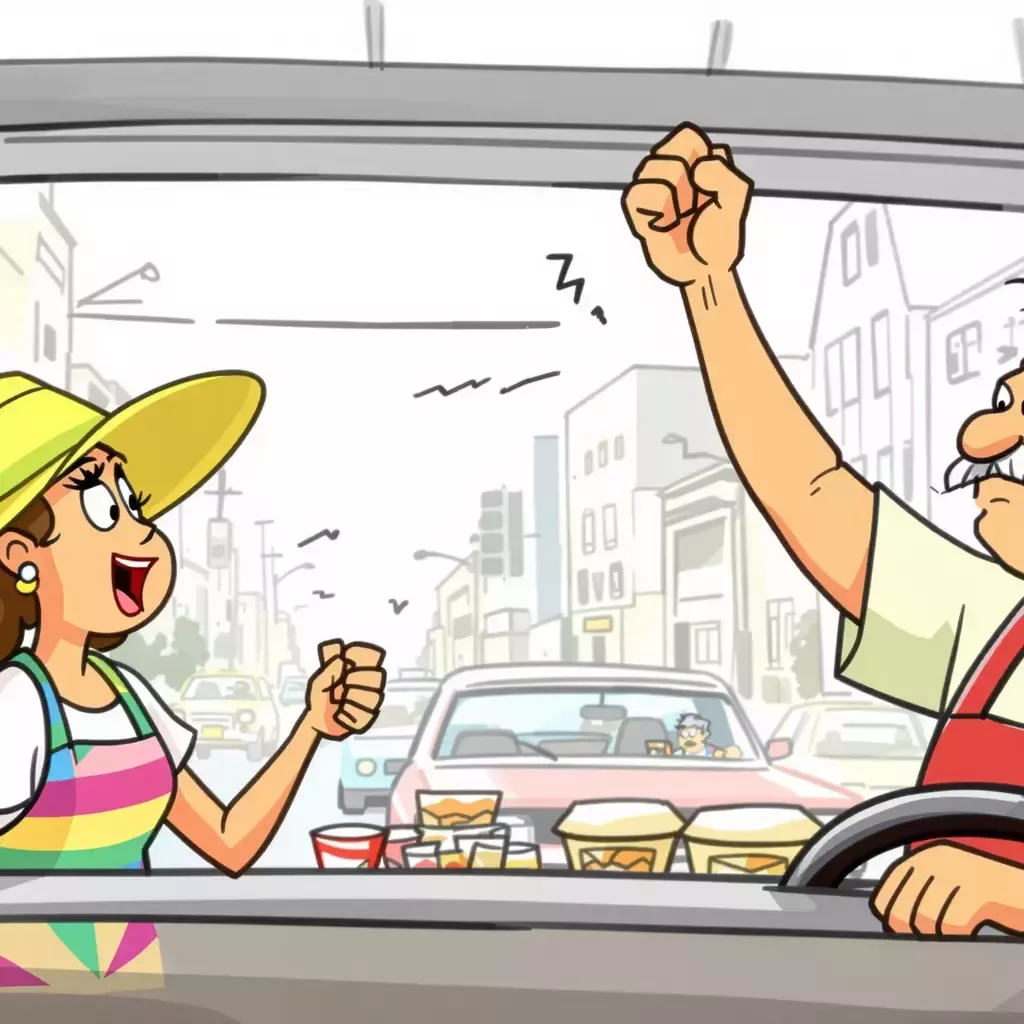 The traffic starts to move slightly, and everyone looks hopeful. The driver from before raises his fist in excitement, while the vendor continues selling snacks, undeterred by the slight movement.