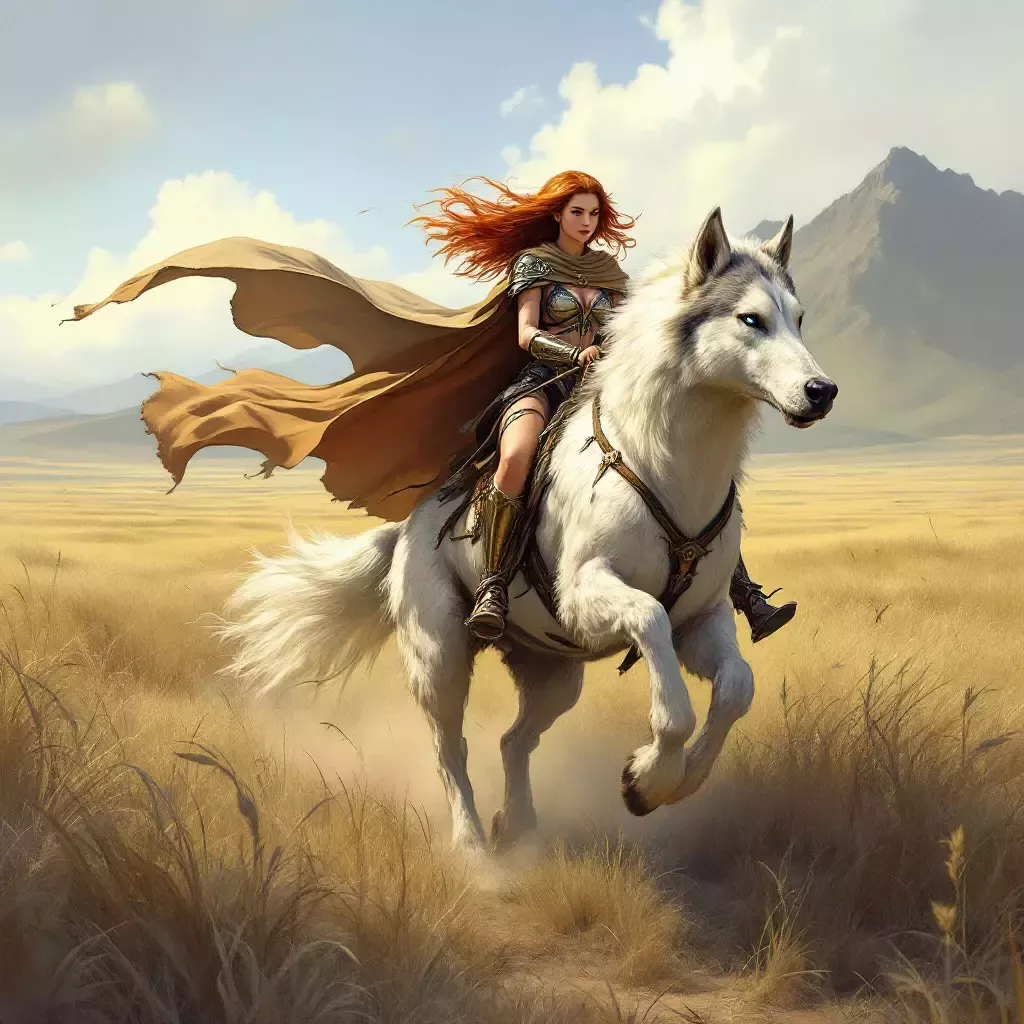 Hallie rides on the back of Carini, galloping through the tall grasses of the Temescal plains. The wind rushes past them, and the distant mountains loom large in the background. Hallie's cloak flutters dramatically behind her.