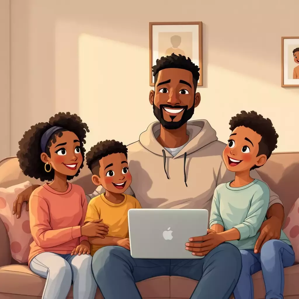 Jamal at home with his family, a loving partner and two children, in a warm and cozy living room. They are all smiling, surrounded by signs of financial stability like a new laptop, books, and a family photo on the wall.