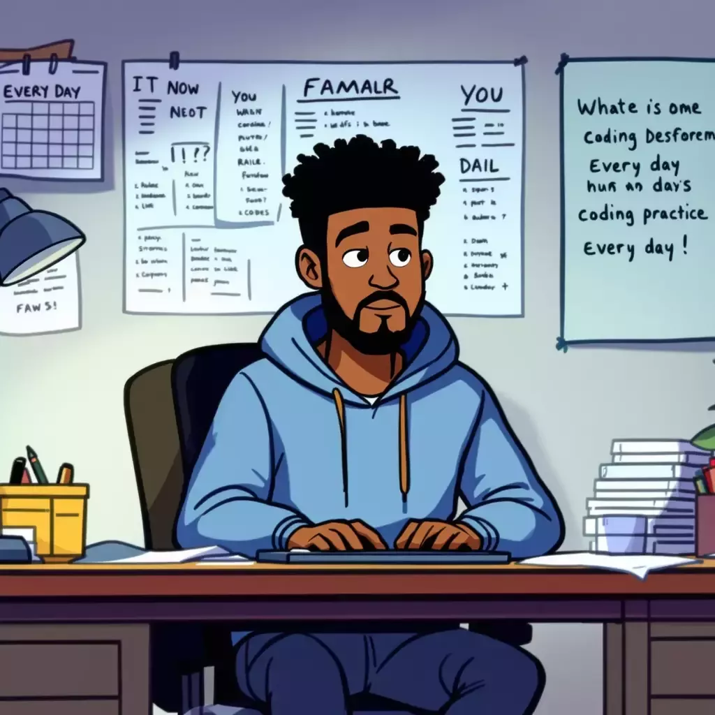 Jamal, now determined, sitting at the same desk, but the clutter is replaced by organized notes and a motivational poster. He's focused, typing away with determination, and there's a calendar with every day marked for coding practice.