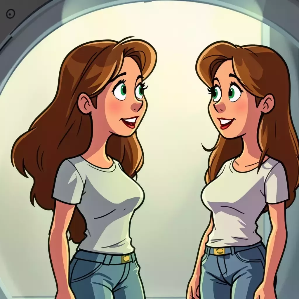 The woman's clone emerges from the machine, identical to her in every way. They both stand side by side, looking at each other with a mix of excitement and disbelief.