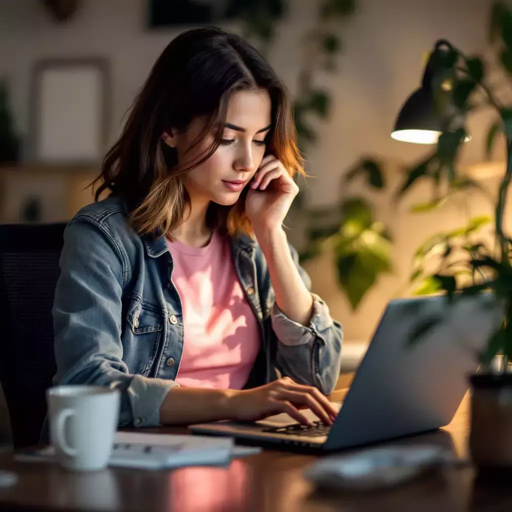Carrie sits at her desk with her laptop, responding to a long list of emails. A small stack of coffee mugs grows beside her, and her face shows focused determination. She wears a pink shirt with a jean jacket.