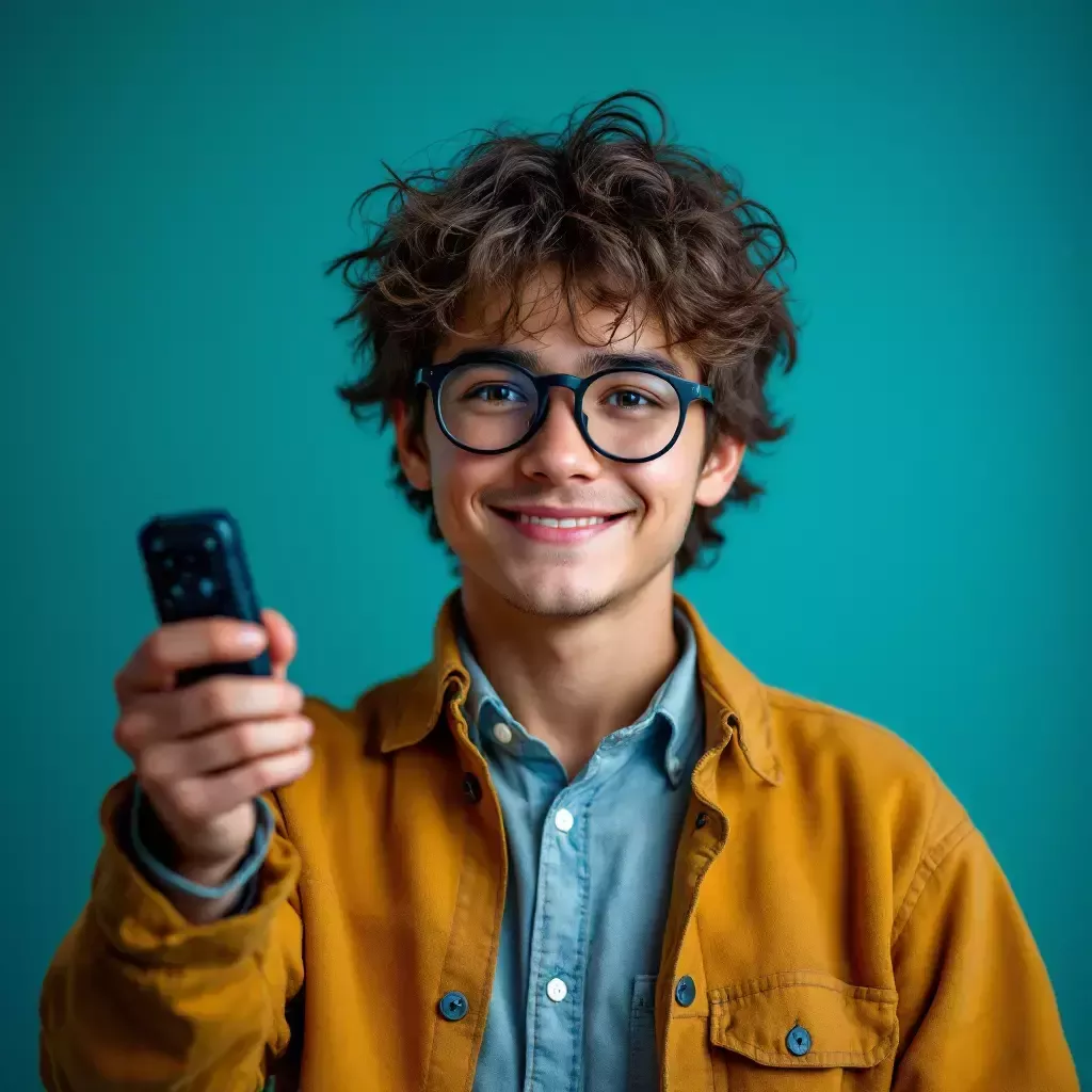 A young inventor holds a remote control, grinning confidently.
