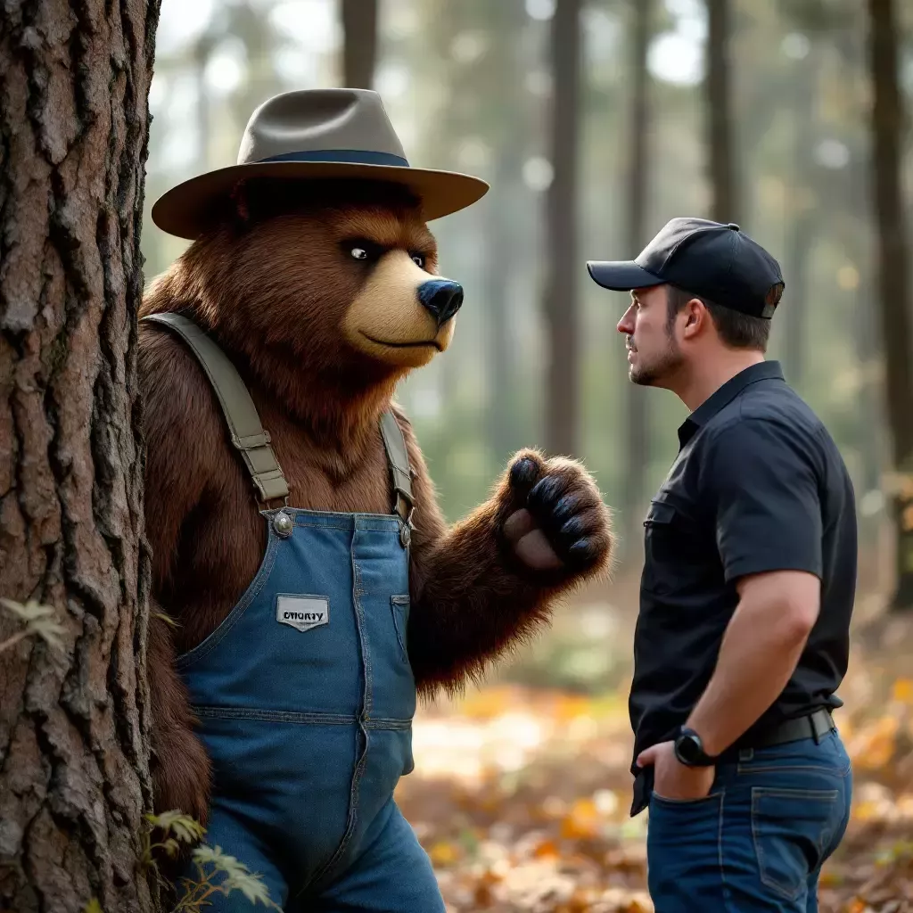 Smokey Bear, a large, anthropomorphic bear wearing a ranger's hat and blue jeans, appears from behind a tree. He looks sternly at Elon Musk, raising a paw to stop him. Elon wears a black baseball cap.
