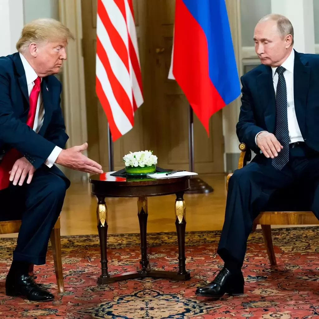 Vladimir Putin and Donald Trump are having tea in an old-style parlor.
