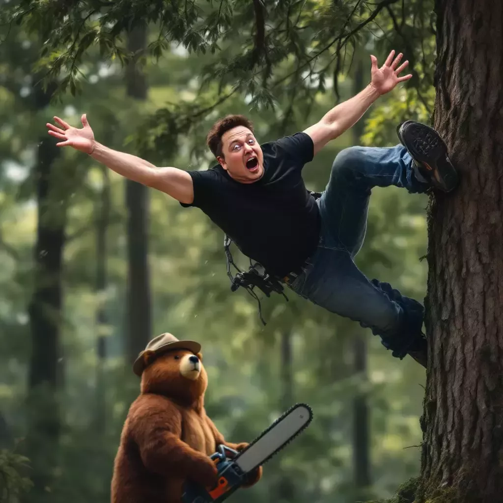 Elon Musk is falling out of the tree with a surprised expression, arms flailing wildly. Smokey Bear stands below, ready to catch him with one hand and holding the chainsaw in the other.