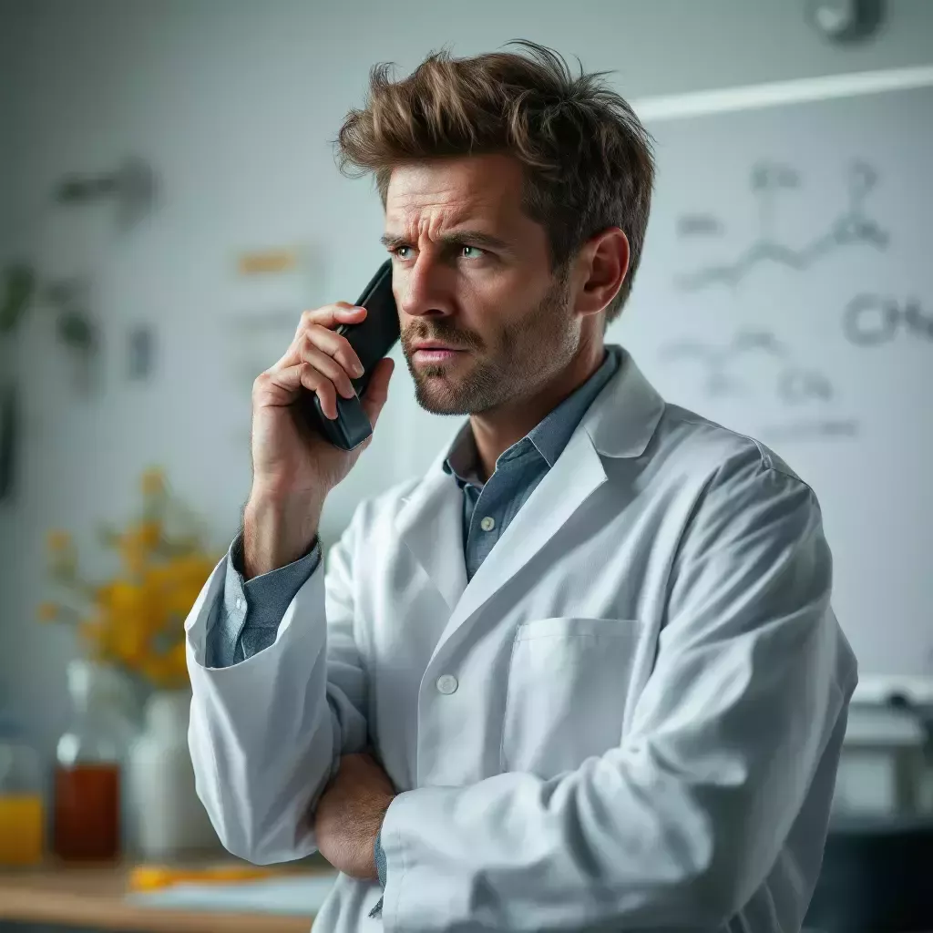 RFK standing in the lab, phone in hand, looking exasperated. The whiteboard with the chemical formula is visible in the background.
