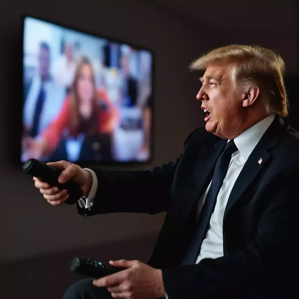 Donald Trump eagerly grabs the remote, excitedly pointing it at the screen.