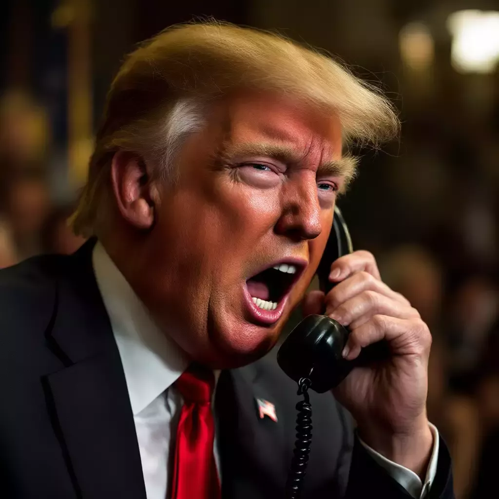 Trump holding a telephone to his ear, his face red with frustration as he screams into the receiver. The background shows a small group beginning to form.