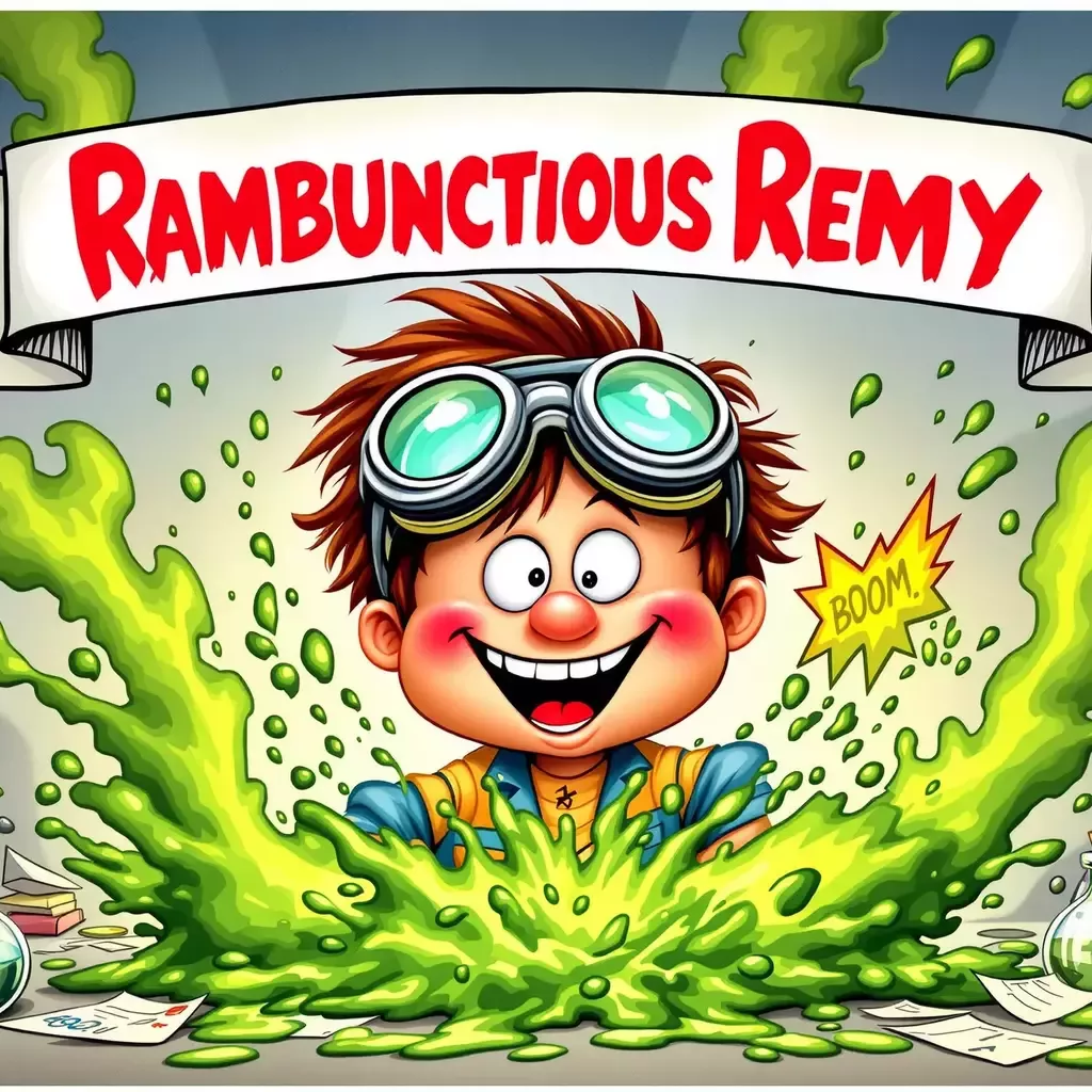 A banner at the top says "Epic Pail Kids". It has a white border. A title at the bottom says "Rambunctious Remy".

Rambunctious Remy is depicted in an exaggerated, cartoonish style, reminiscent of a GPK card. He is surrounded by a chaotic explosion of his 'Stinky Formula', with green smoke and goo splattering everywhere. His eyes are comically wide and his grin is even more mischievous, with oversized lab goggles exaggeratedly askew on his head. The background is cluttered with scattered papers, bubbling beakers, and a comic book-style 'BOOM!' cloud.