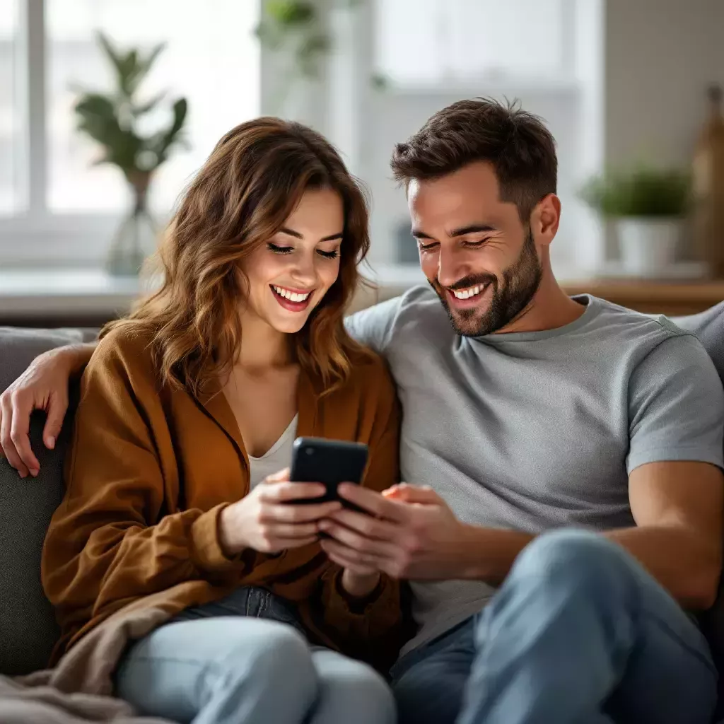 Mommy sits on the couch, eagerly scrolling through her phone with a big smile on her face.