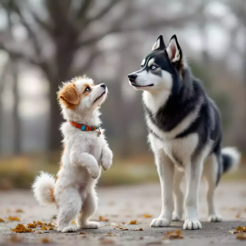 Bing, a scruffy white terrier with tan floppy ears, stands on his hind legs and angrily looks up at a large husky with a black coat.  The park is in the background.
