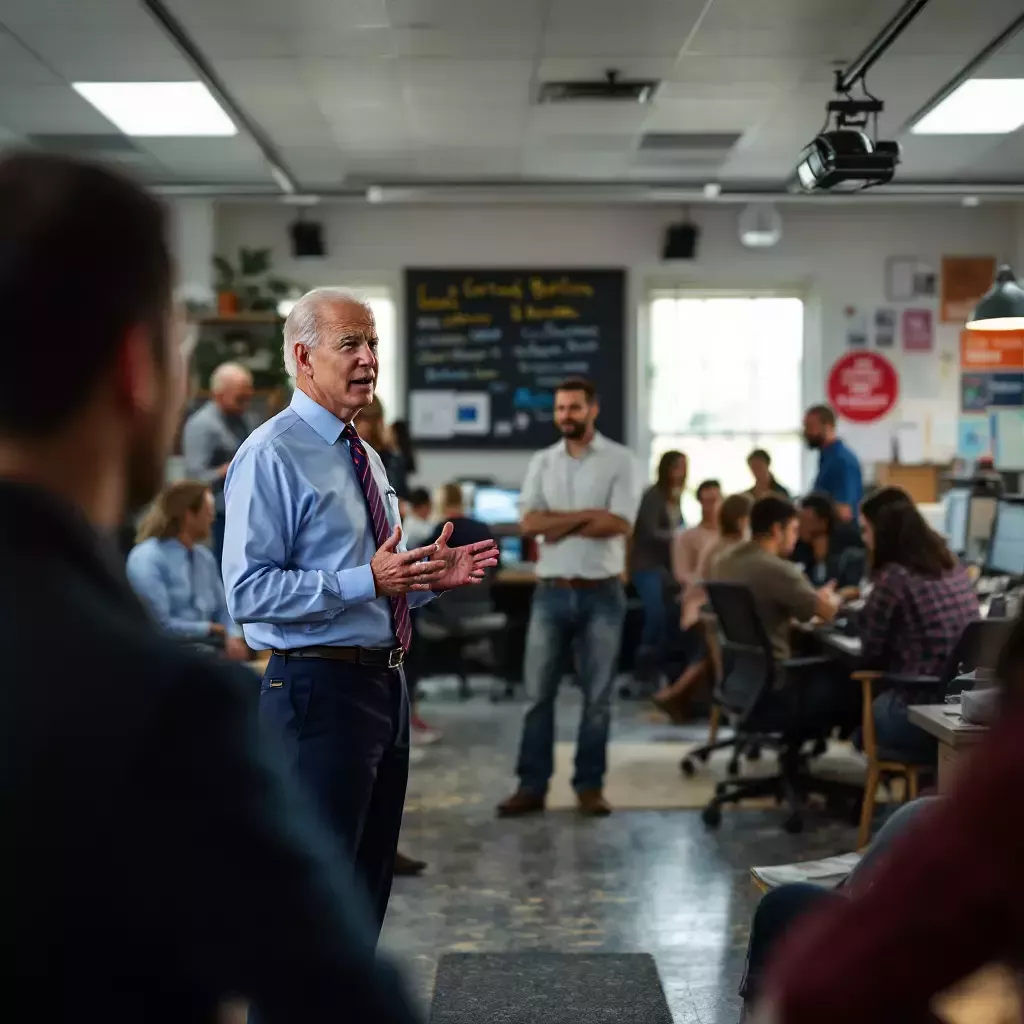 A bustling campaign office with staffers busy at work and Joe Biden standing confidently, addressing his team.