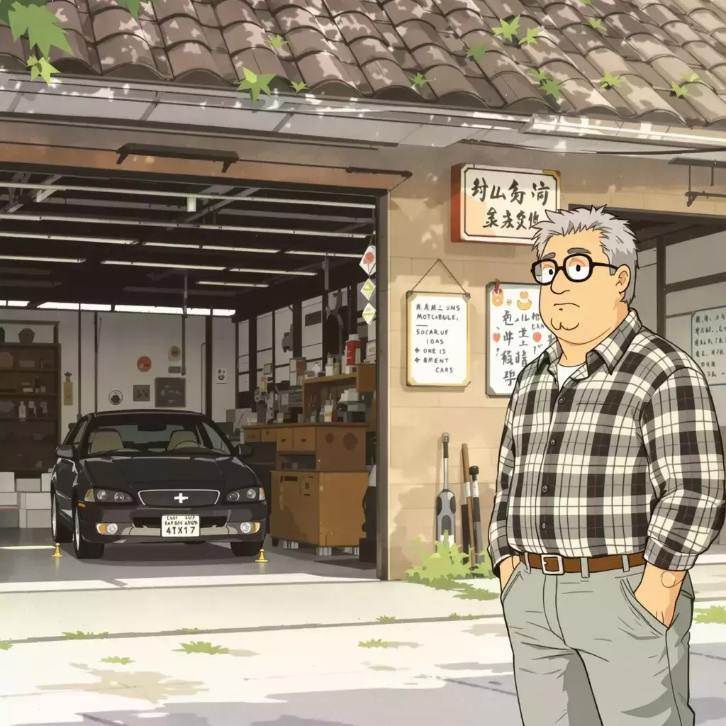A small auto repair shop has 1 car in the garage and lots of empty space. The shop owner, a middle-aged man with glasses and a plaid shirt, looks forlorn as he stands outside his shop.
