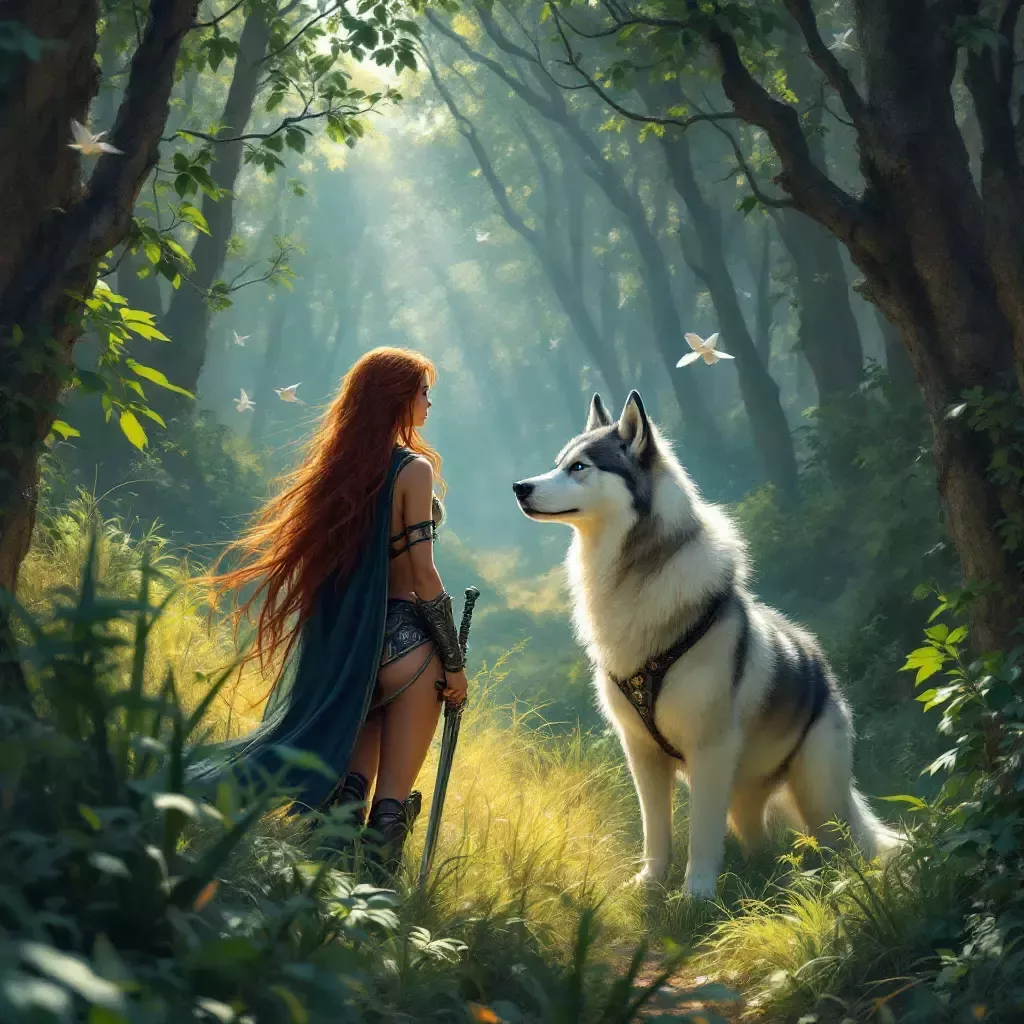 The plains give way to a dense forest with sunlight filtering through the leaves. Hallie and Carini pause to catch their breath, looking around cautiously. The sound of birds and rustling leaves creates an atmosphere of suspense.