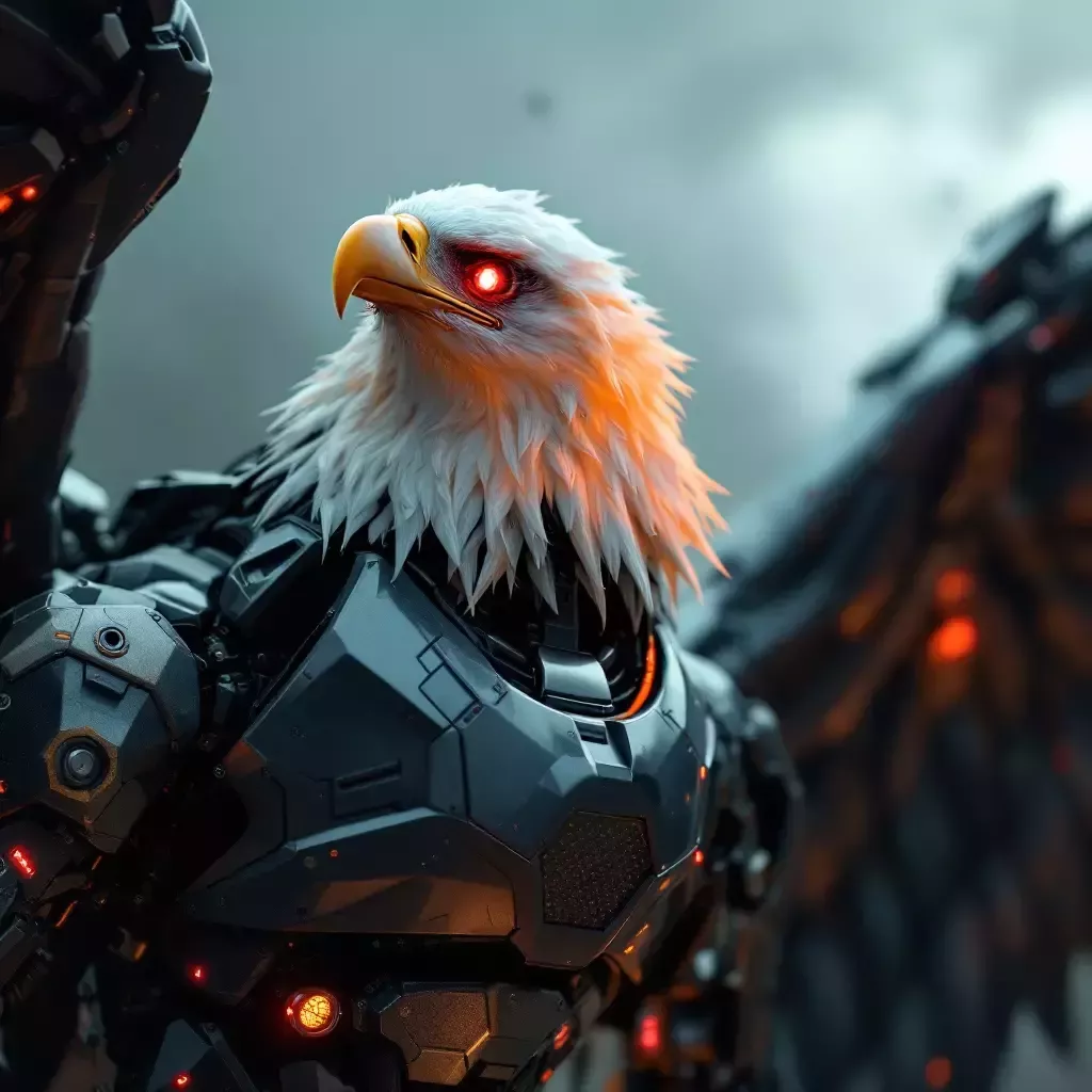 The bald eagle's eyes glow red as mechanical wings unfurl.