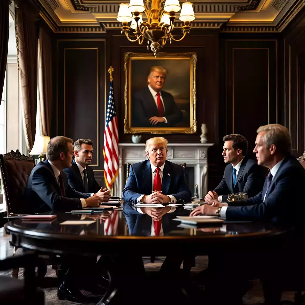 Donald Trump and his campaign advisors in a luxurious boardroom, discussing strategy.