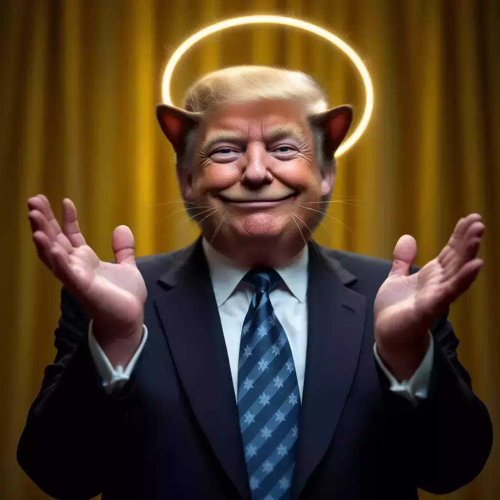 Keep the hands in the air, but put Trump smiling smugly with a halo. Remove the cat.