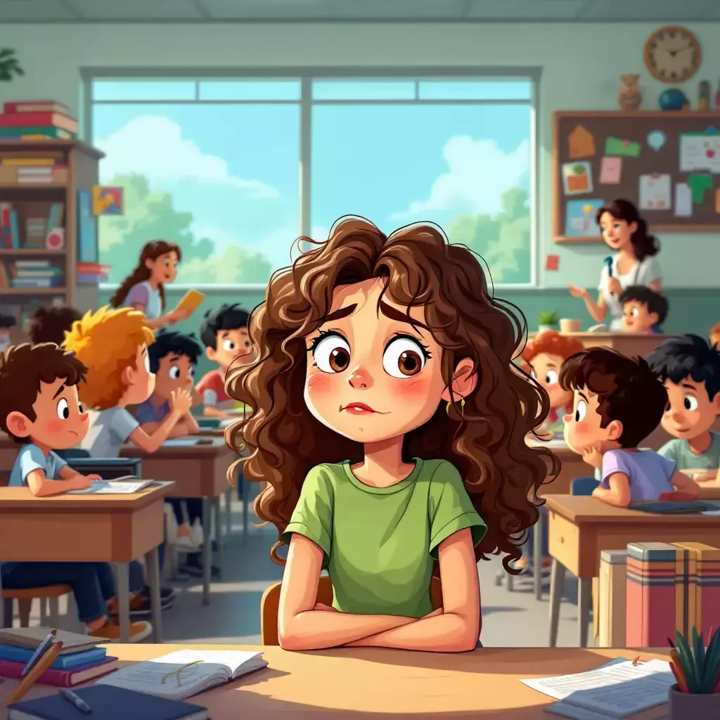 The young girl looks depressed at her school with lots of kids walking around and a teacher lecturing a few kids in the background.