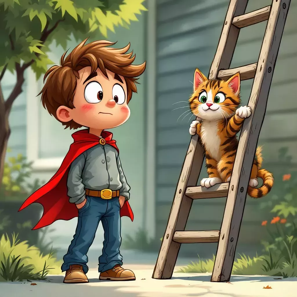 A neighbor holding a ladder, helping both the boy and the kitten down, while the boy looks sheepish.