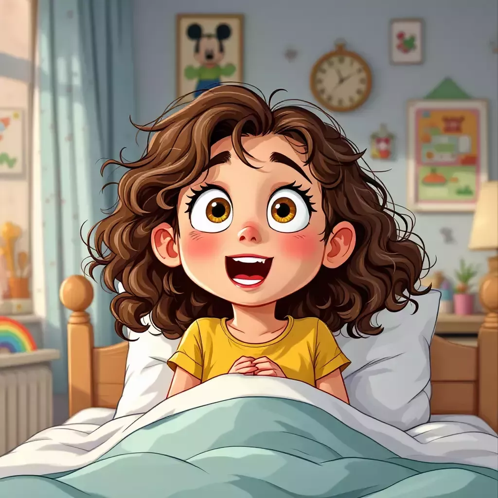 The girl's eyes widen in excitement. She sits up in bed, looking suddenly energetic and healthy. The room is now filled with a sense of excitement and anticipation.