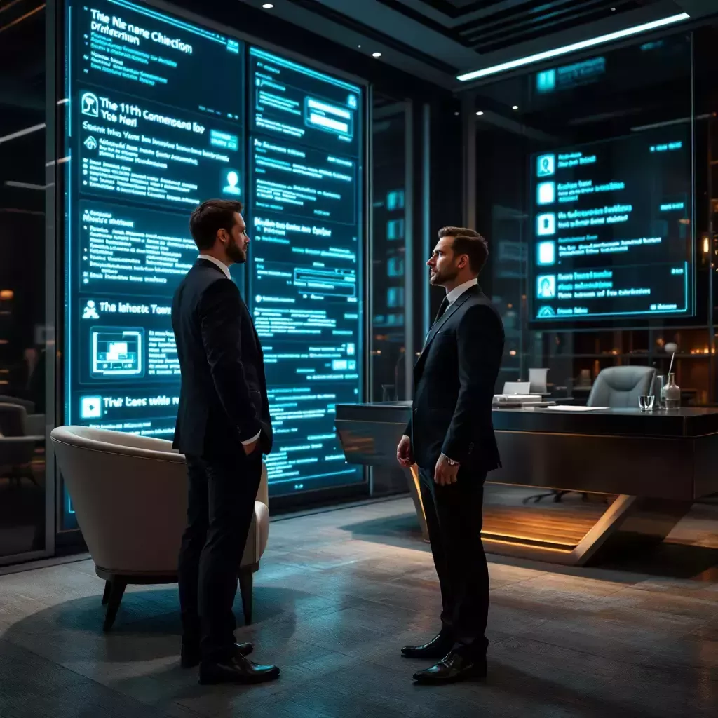 John enters his luxurious office on the 111th floor, greeted by a futuristic computer interface displaying numerous messages.