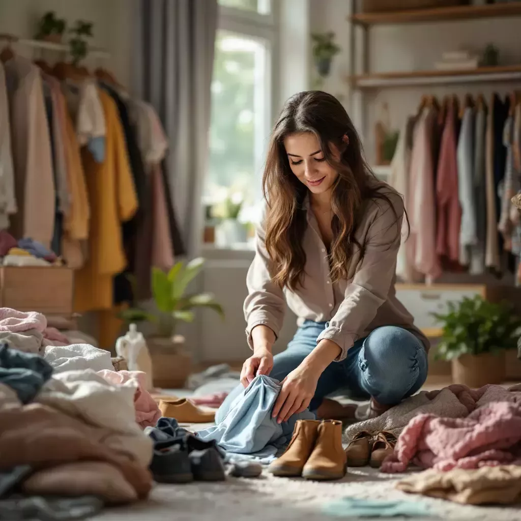Mommy is tidying up the room, folding clothes and organizing shoes. She looks determined to clean up the mess.