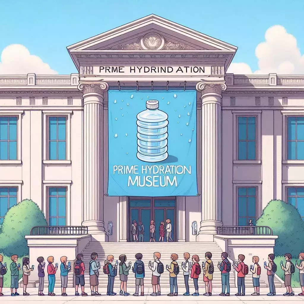 Frame 1: A grand museum entrance with a large banner that reads "Prime Hydration Museum". Tourists are eagerly lining up outside, holding empty water bottles.