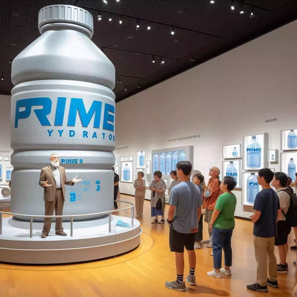 Frame 2: Inside the museum, a tour guide stands in front of a giant Prime Hydration bottle display. Visitors are awe-struck.