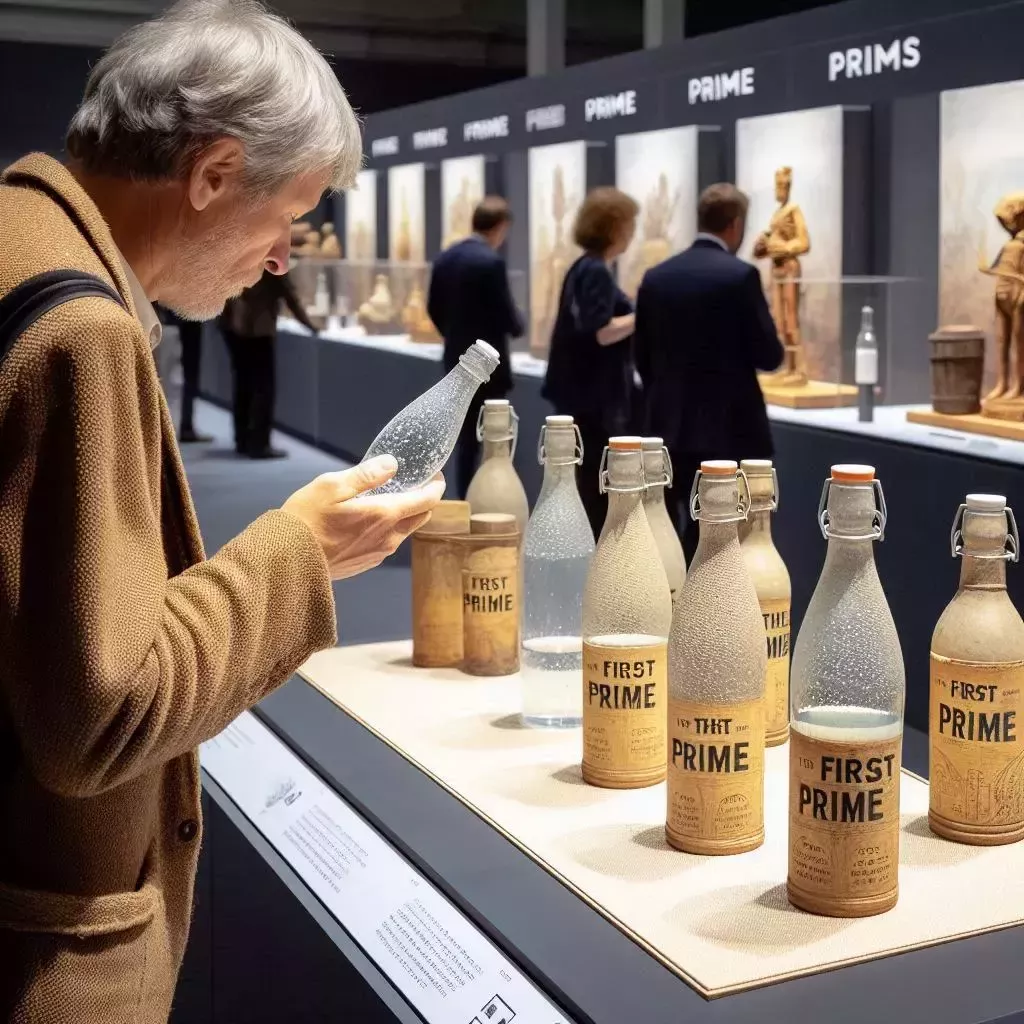 Frame 3: A visitor is examining an exhibit of ancient hydration bottles. One bottle is labeled 'The First Prime'.