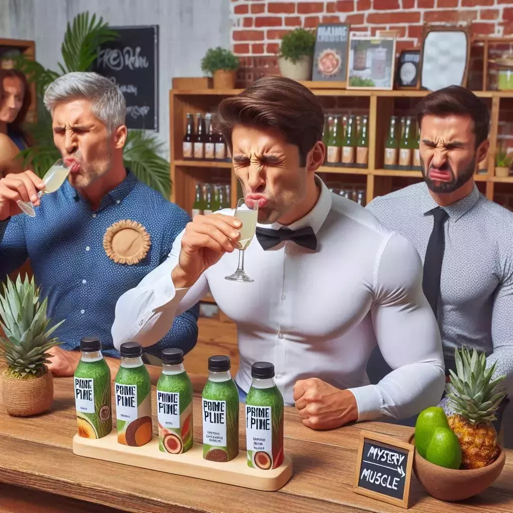 Frame 4: In another section, there's a tasting station with exotic Prime flavors like "Coconut Kale" and "Mystery Muscle". People are making faces as they sip.