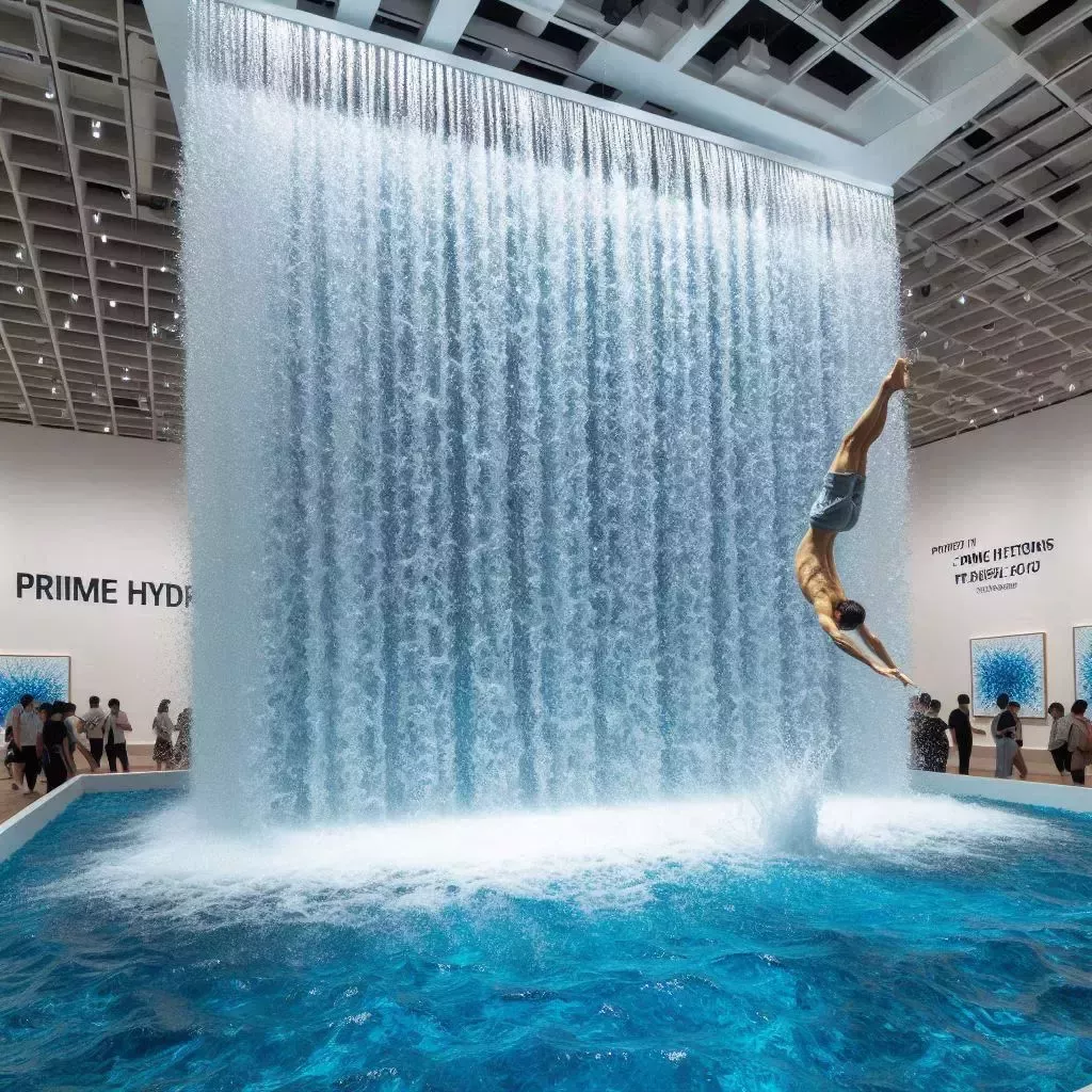 Frame 5: The final exhibit is a giant waterfall made of Prime Hydration pouring into a pool. A visitor is about to dive in.